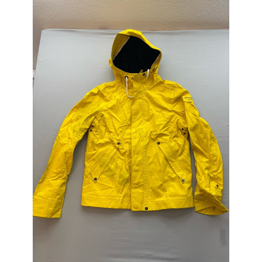 Abercrombie & Fitch Mens Yellow Hooded Rain Jacket Size M Full Zip Snap Front